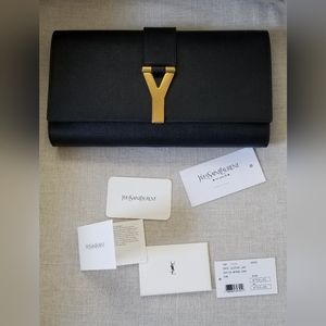 Yves Saint Laurent Black Textured Leather Y-Ligne Clutch Brand New